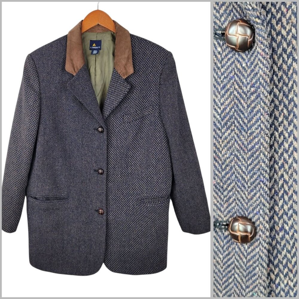 Classic Herringbone Blazer with Brown Collar